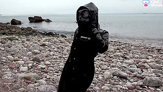 Gas Mask Goddess - Rubber Wetsuit & Pvc Mac Beach Tease
