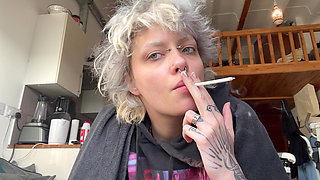Cute Goth Smoking a Cig in a Hoodie No Makeup
