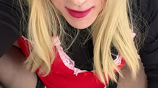 Amateur Sissy Crossdresser try's to squirt on dildo  for Daddy and talks about him paying  $8k for her breast  implants