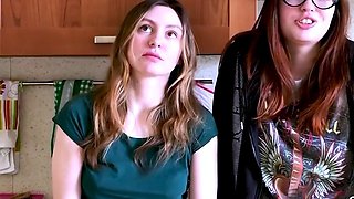 Two brunette dolls with glasses gobble pussy