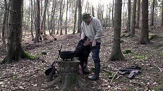 Brunette milf in a costume of a witch just been caught and fucked in the ass from a forest keeper