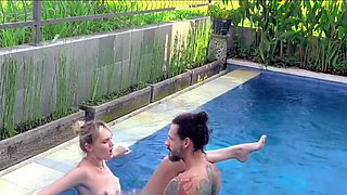 Small tits babe is going to get fucked poolside