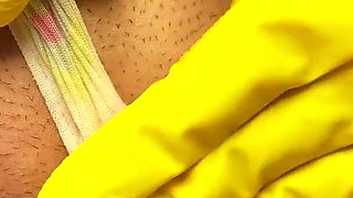 Giantess Stepsister Puts Tiny Stepbrother in Her Yellow Dishwashing Glove Then Plays with Him Has Fun with Him