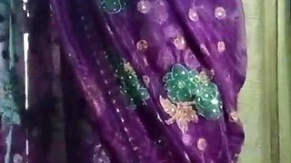 Indian Batty man Crossdresser Bottom Gaurisissy demonstrating her humungous fun bags in purple saree