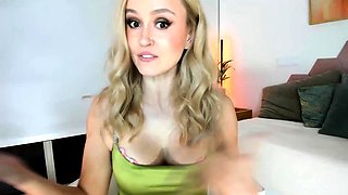 Non stop blonde with big boobs cock jerks off on the bed