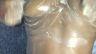 HOT ebony teen enjoys touching her boobs