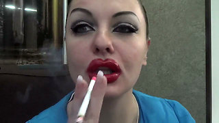 Sexy make-up huge red lips smoking