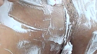 Shaving a Hairy Pussy with a Trimmer and a Razor with Shaving Foam