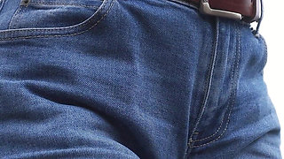 MILF Teasing Her Big Cameltoe in Blue Jeans Outdoors