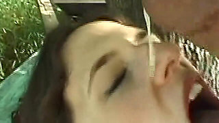 Smiling Brunette Flashes Big Tits and Sucks Throbbing Cock