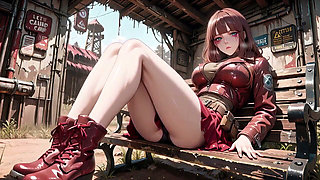 Tight Leather Suit Hugging Her Perfect Hips. She Lounges on the Broken Train Car, Hand Stroking Armor, Eyes Hazy yet Fierce.