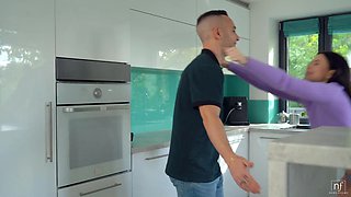 Horny brunette Jenny Doll is enjoying her passionate fuck on a small sofa