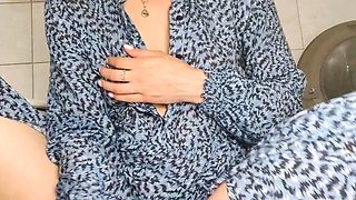 Pregnant teen cums hard in a long dress at home