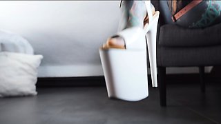 Gorgeous tattooed girl fucks her ass with a big dildo