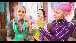 Goth Chick Gangbanged by Dommes Toyed to Squirting Orgasms