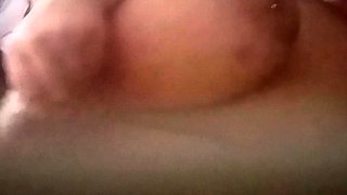 Busty curly brunette with big boobs fucks on couch