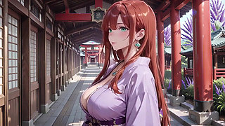 Red-haired Kimono Goddess! Kneeling Under the Sacred Torii Gate, She Adjusts Her Soaked Backless Outfit with a Shy Gaze.