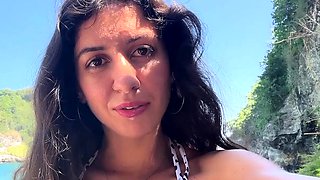 Walking with hot cum on my face on a public beach full of