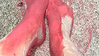 Playing with a whipped cream with my legs in white stockings