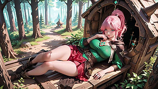 Deep squat teasing under the giant magic array, green battle gear stretched tight.