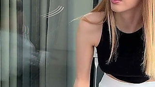Hot Cute Pretty Face College Girl Goes No Panties with a Mini Skirt to Show Her Tight Meaty Pussy and Naked Ass on the Balcony