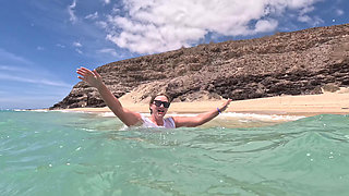 Girl Wetting Jeans in the Ocean and Swimming in Wet White T-shirt