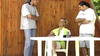 Blonde Sucks and Rides Two Cocks Outdoors