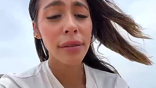 Hot Latina Babe Flashes Abs and Smiles in Car and Beach Selfies