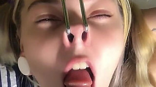 High Heels Girl with Nose Nook. Ahegao Face and Duoble Blowjob