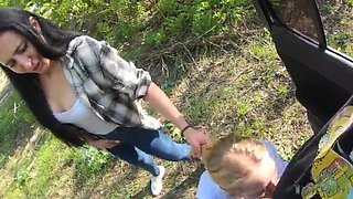 Blonde Wife and Friend Threesome Blowjob - Sloppy Facial Cumshot in Car
