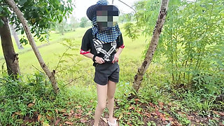 Thai Girl Walking Showing Along the Side of the Field Road in the Countryside Thai Outdoor Public