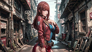 Tight Leather Suit Hugging Her Perfect Hips. She Lounges on the Broken Train Car, Hand Stroking Armor, Eyes Hazy yet Fierce.