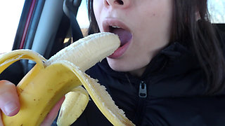 My Indian Stepsister Sucks Banana in Car and Does Mouth Fetish After Sucking Banana and Eating It