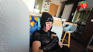 Emo girl first gives blowjob on the beach and then gets fucked at home