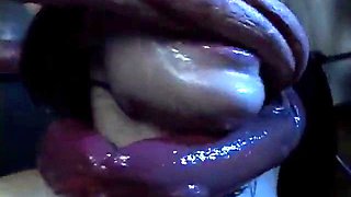 Sweet Asian babe drilled in every hole by alien tentacles