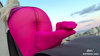 Pink Nylon Tease on the Rooftop at Sunset - Feet and Big Ass