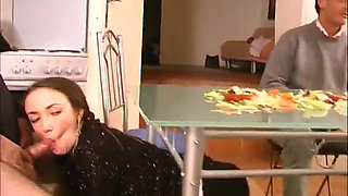 Sexy brunette babe big dick sucking in the kitchen...cum in mouth