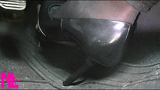 Revving and Driving in Black Pantyhose and Grey High Heels