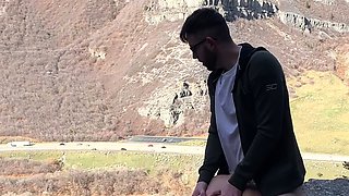 Amazing busty brunette slut doing blowjob outdoor
