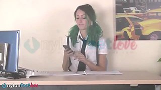 Professor and student play with legs wearing stockings