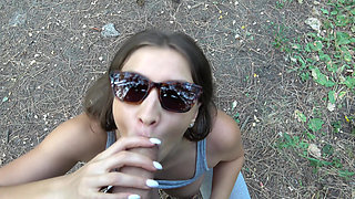 Man watching the girl as she practices yoga, public blowjob in a park, 4!