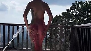 Outdoor anal solo and masturbating blonde